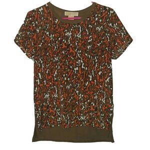 Michael Kors Camo Print Mixed Media Short Sleeve Tee Top T-Shirt EUC